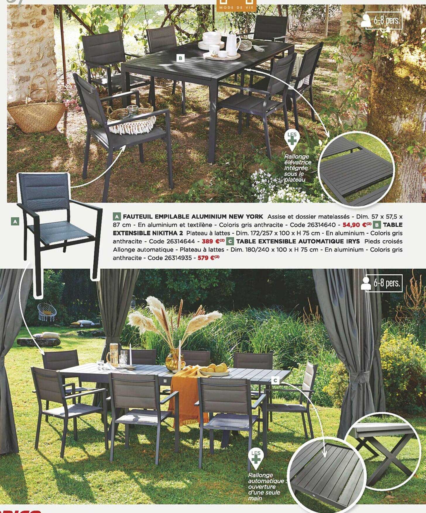 fauteuil empilable aluminium new york, table extensible nikitha 2, table extensible automatique