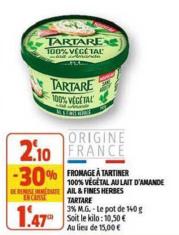fromage à tartiner 100% végétal au lait d'amande ail & fines herbes tartare