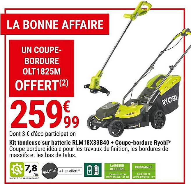 kit tondeuse sur batterie rlm18x33b40 + coupe-bordure ryobi