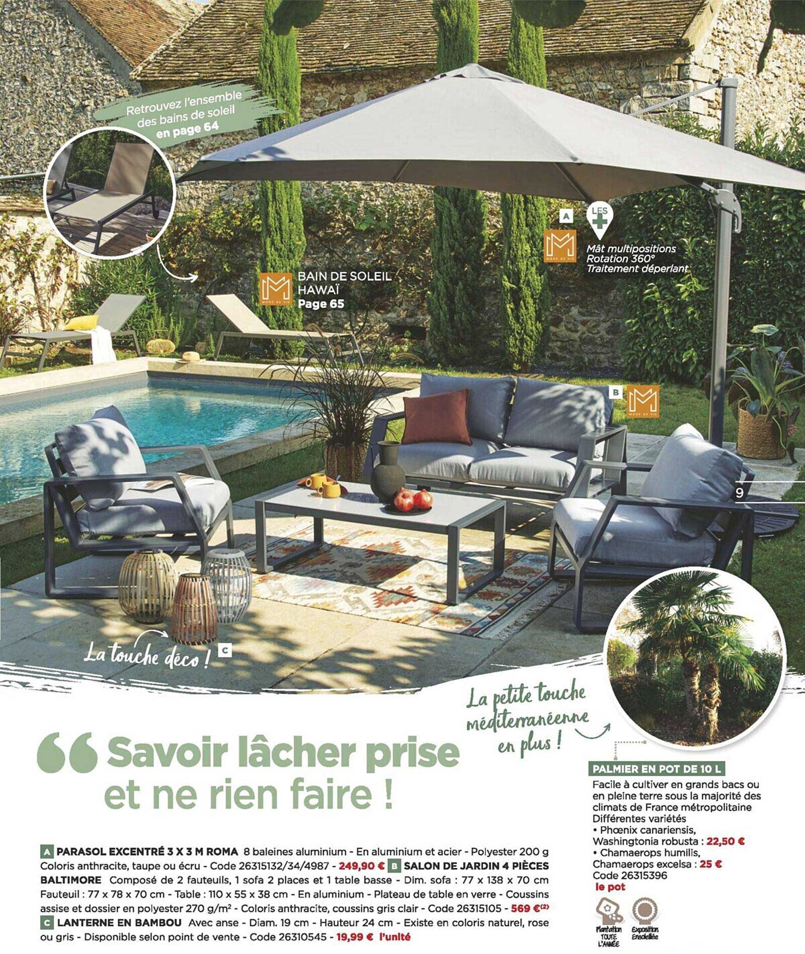 parasol excentré 3 x 3 roma, salon de jardin 4 pièces, lanterne en bambou