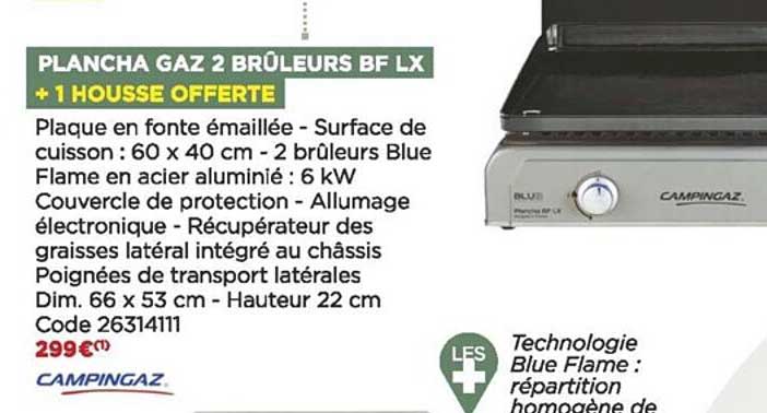 plancha gaz 2 brûleurs bf lx + 1 housse offerte campingaz