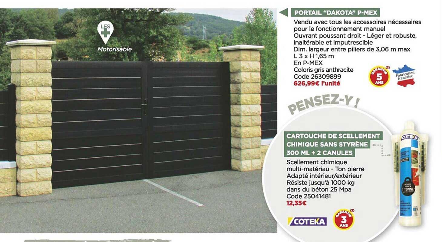 portail "dakota" p-mex, cartouche de scellement chimique sans styrène 300 ml + 2 canules