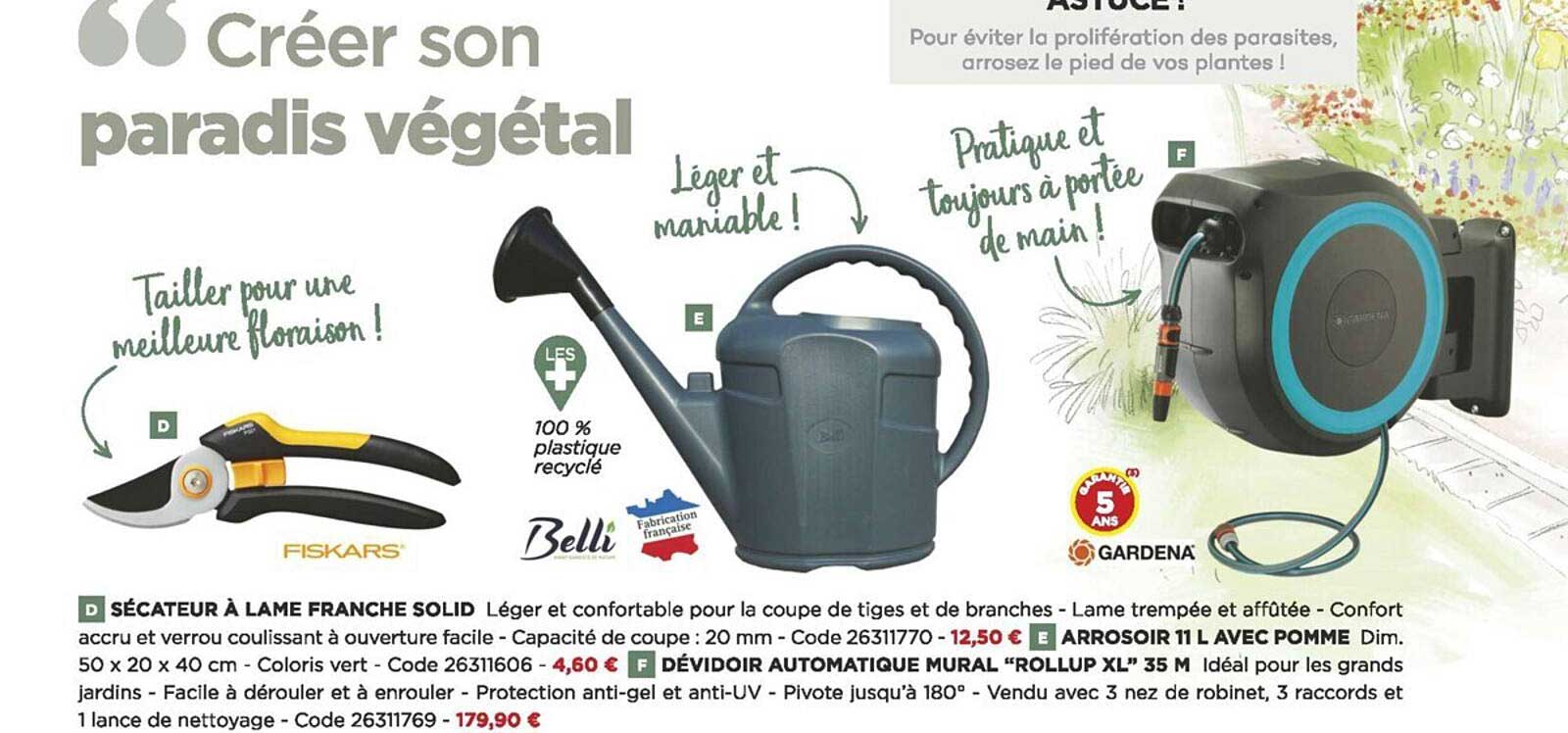 sécateur à lame franche solid, arrosoir 11 l avec pomme, dévidoir automatique mural "rollup xl" 35 m