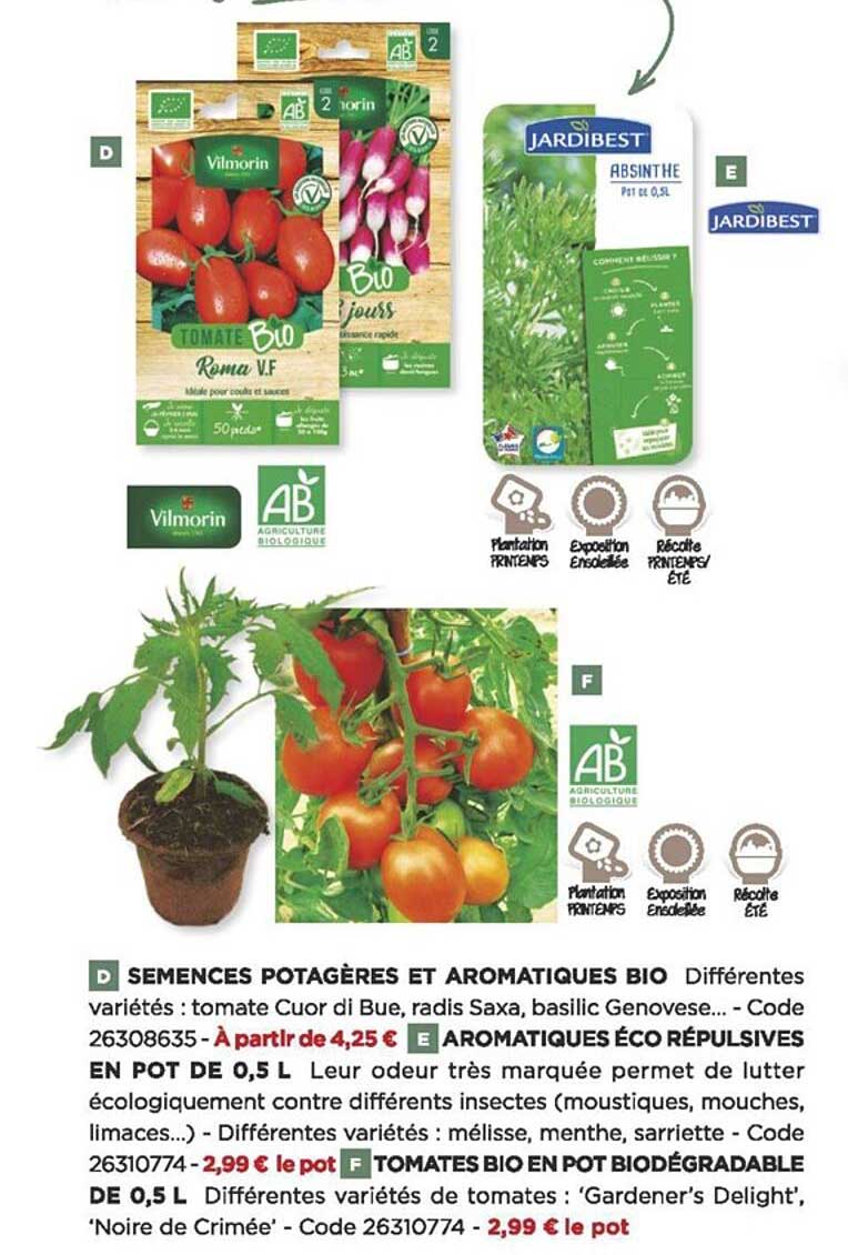 semences potagères et aromatiques bio, aromatiques éco répulsives en pot de 0,5 l, tomates bio en pot biodégradable de 0,5 l