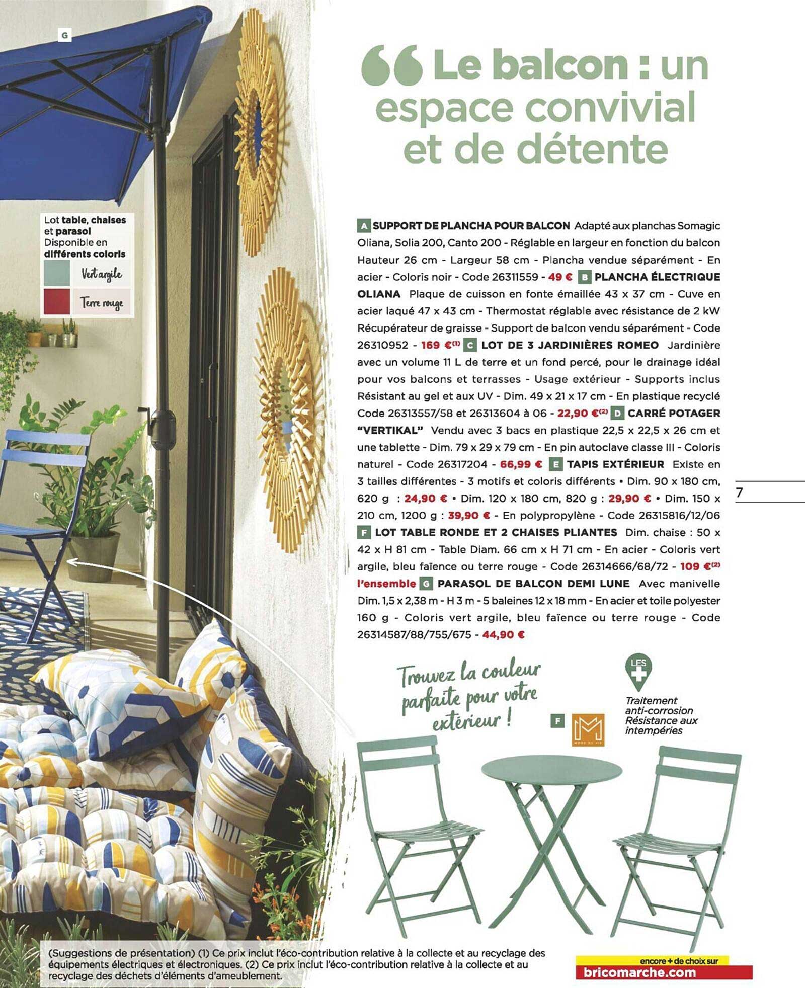 support de plancha pour balcon, plancha électrique oliana, lot de 3 jardinières romeo, carré potager, tapis extérieur, lot table ronde et 2 chaise pliantes, parasol de balcon demi lune