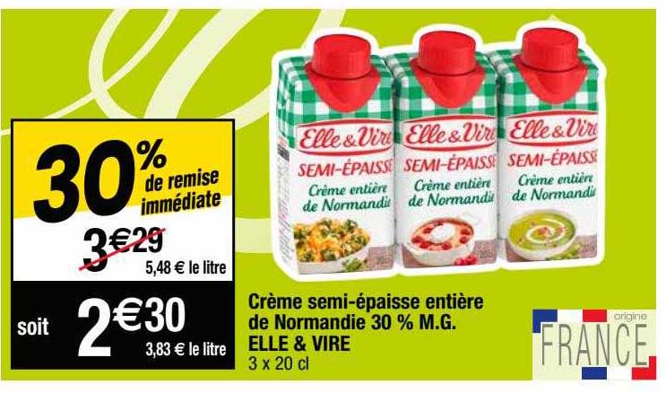 crème semi-épaisse entière de normandie 30% m.g. elle & vire
