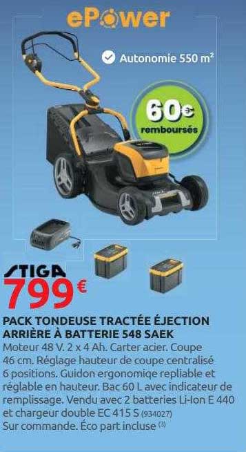 pack tondeuse tractée éjection arrière à batterie 548 saek stiga