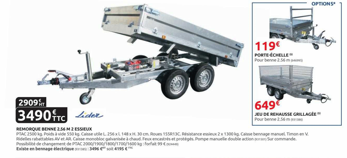 remorque benne 2.56 m 2 essieux lider