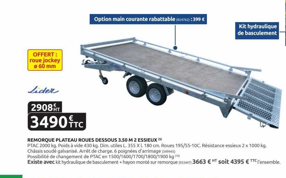 remorque plateau roues dessous 3.50 m 2 essieux lider