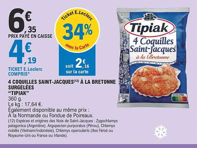 4 coquilles saint-jacques à la bretonne surgelées "tipiak"