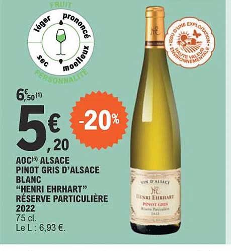 aoc alsace pinot gris d'alsace blanc "henri ehrhart" réserve particulière 2022