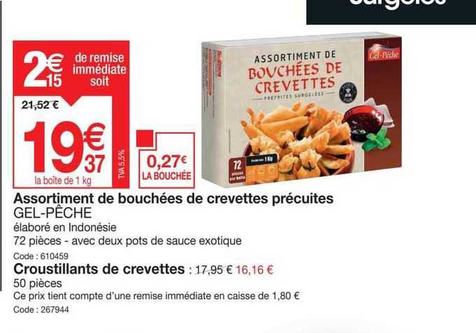 assortiment de bouchées de crevettes précuites gel-pêche, croustillants de crevettes