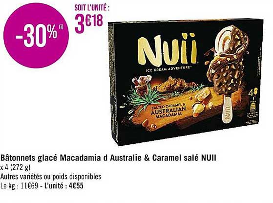 bâtonnets glacé macadamia d'australie & caramel salé nuii