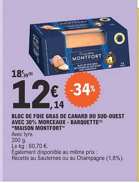 bloc de foie gras de canard du sud-ouest avec 30% morceaux - barquette "maison montfort"