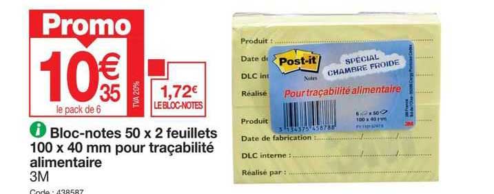 Bloc-notes 50 X 2 Feuillets 100 X 40 Mm Pour Traçabilité Alimentaire 3m