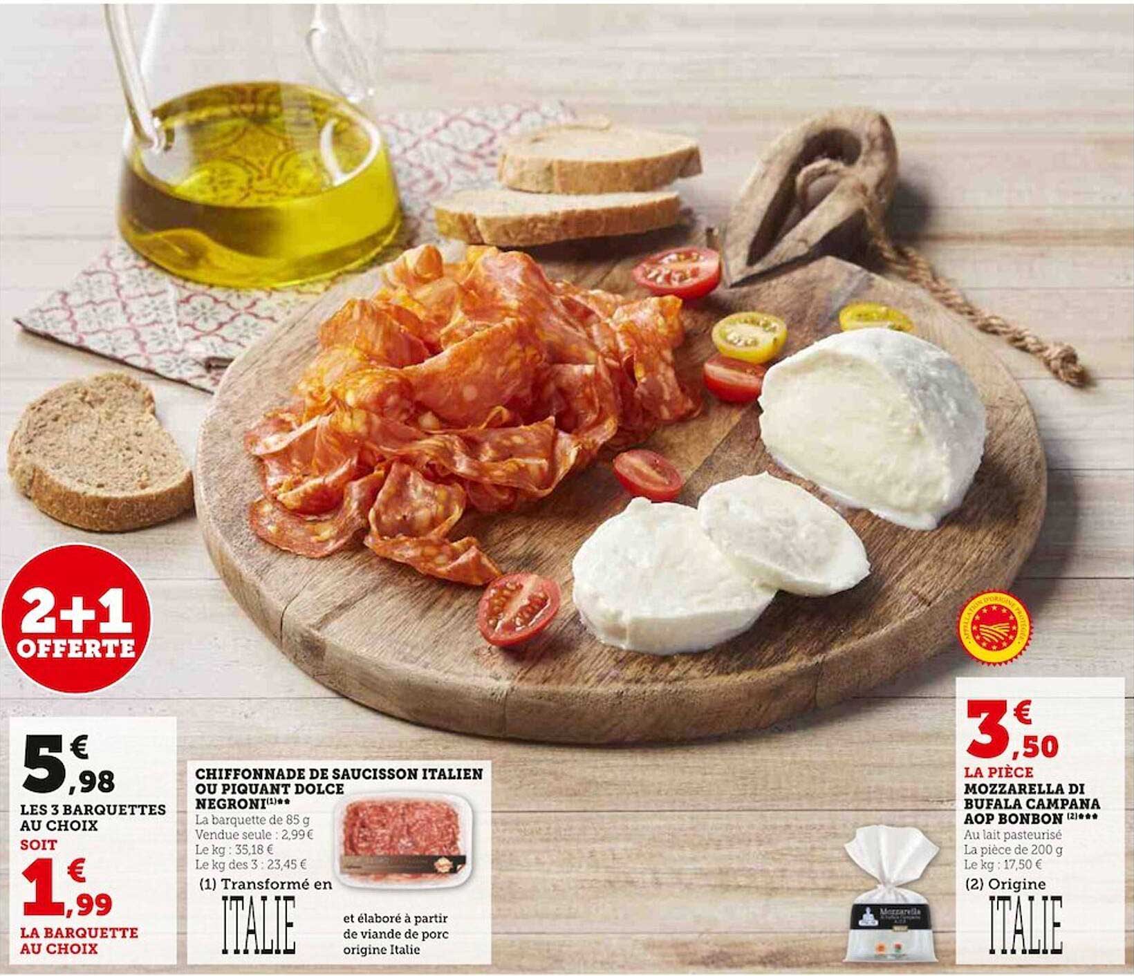 chiffonnade de saucisson italien ou piquant dolce negroni, mozzarella di bufala campana aop bonbon