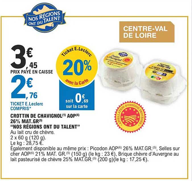 crottin de chavignol aop 26% mat. gr. "nos régions ont du talent"