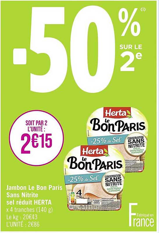 jambon le bon paris sans nitrite sel réduit herta