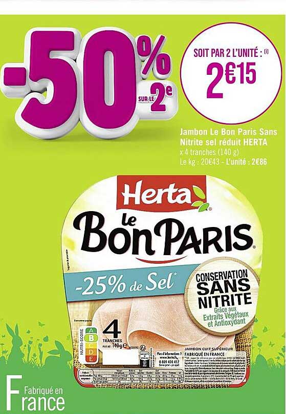 jambon le bon paris sans nitrite sel réduit herta