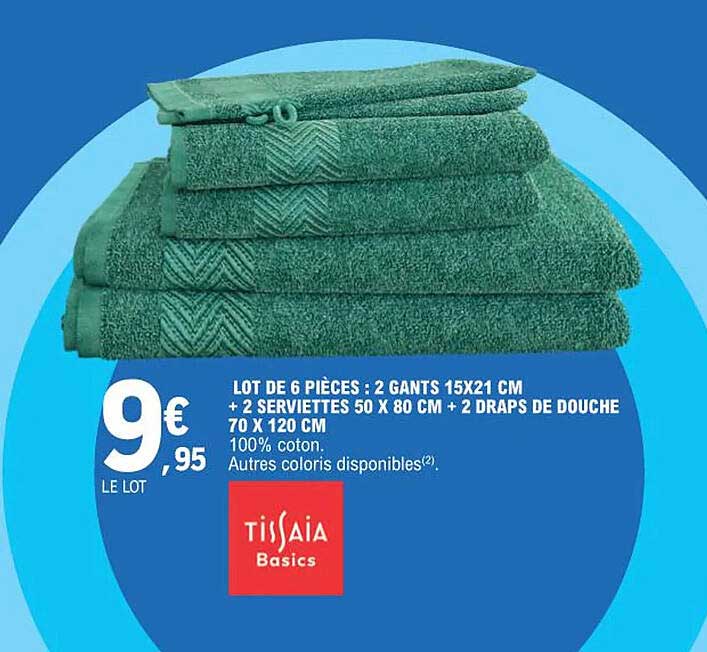 Lot De 6 Pièces : 2 Gants 15 X 21 Cm + 2 Serviettes 50 X 80 Cm + 2 Draps De Douche 70 X 120 Cm Tissaia Basics