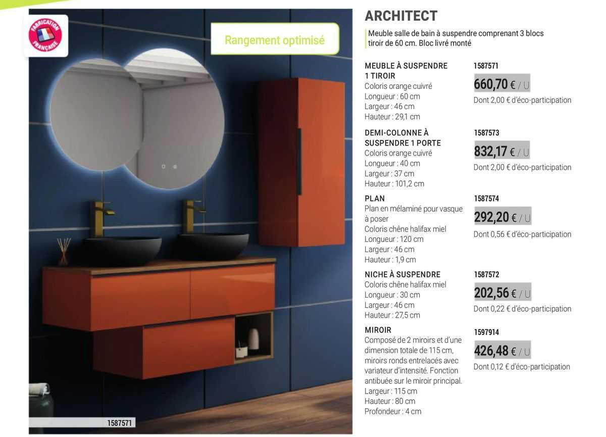 meuble à suspendre 1 tiroir, demi-colonne à suspendre 1 porte, plan, niche à suspendre, miroir