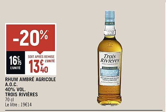 rhum ambré agricole a.o.c. 40% vol. trois rivières