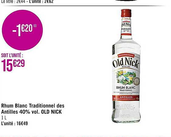 rhum blanc traditionnel des antilles 40% vol. old nick