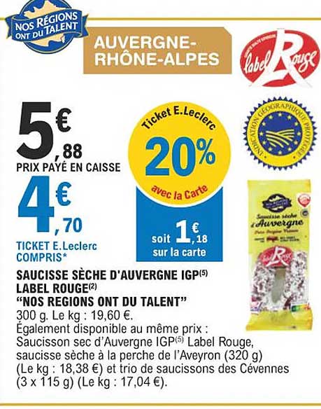 saucisse sèche d'auvergne igp label rouge "nos régions ont du talent"