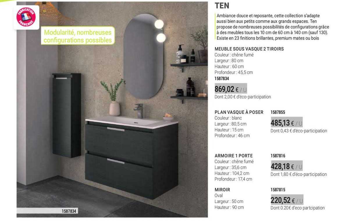 ten meuble sous vasque 2 tiroirs plan vasque à poser armoire 1 porte miroir