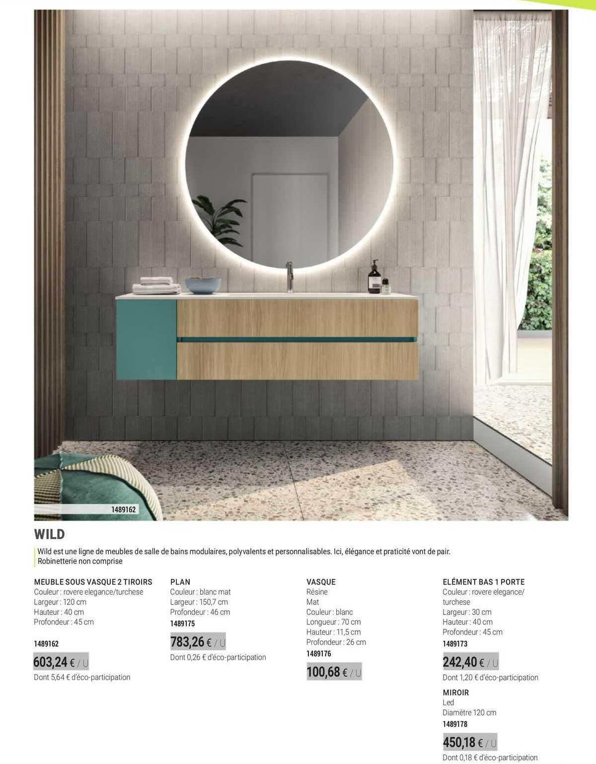 wild meuble sous vasque 2 tiroirs plan vasque elément bas 1 porte miroir