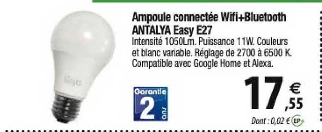 ampoule connectée wifi+bluetooth antalya easy e27