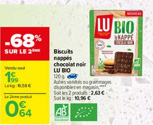 Biscuits Nappés Chocolat Noir Lu Bio