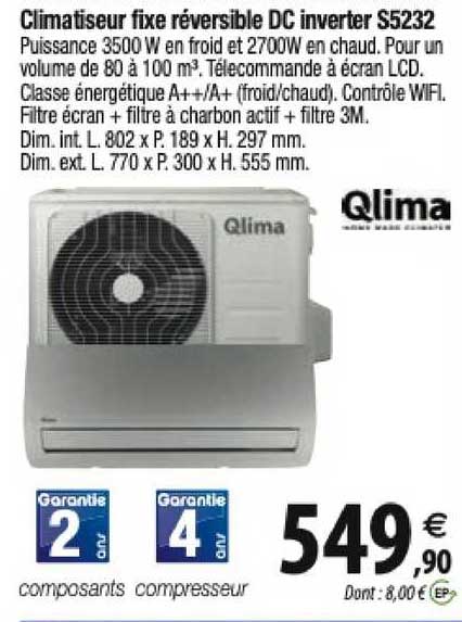 climatiseur fixe révesible dc inverter s5232 qlima