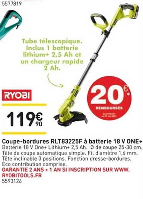 coupe-bordures rlt83225f à batterie 18 v one+ ryobi