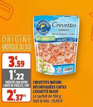 crevettes nature décortiquées cuites l'assiette bleue