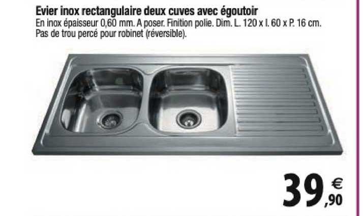 évier inox rectangulaire deux cuves avec égoutoir