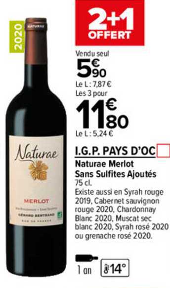 i.g.p. pays d'oc naturae merlot sans sulfites ajoutés