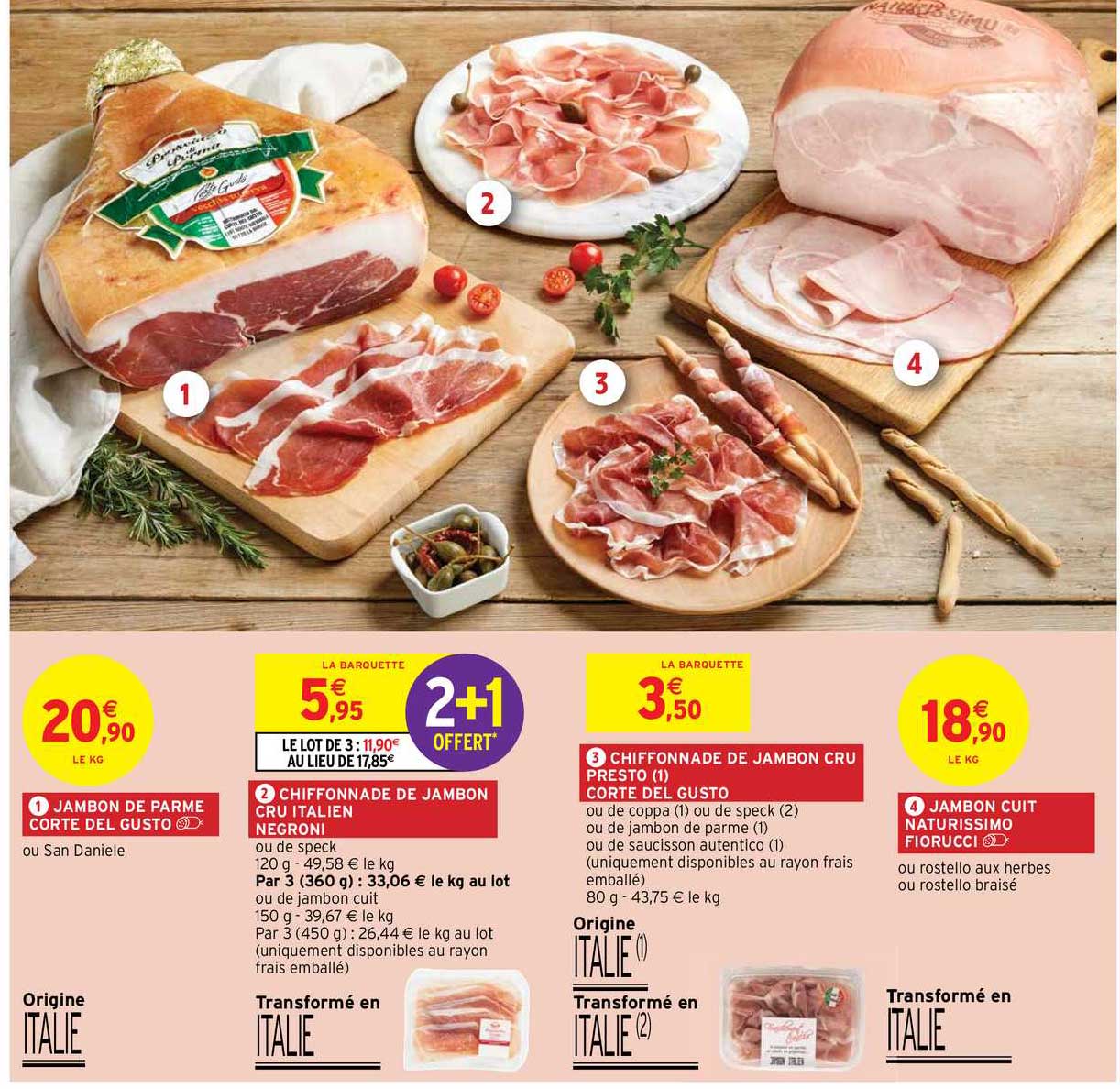 jambon de parme corte del gusto, chiffonnade de jambon cru italien negroni, chiffonnade de jambon cru presto corte del gusto, jambon cuit naturissimo fiorucci