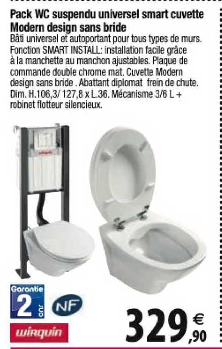 Pack Wc Suspendu Universel Smart Cuvette Modern Design Sans Bride Wirquin