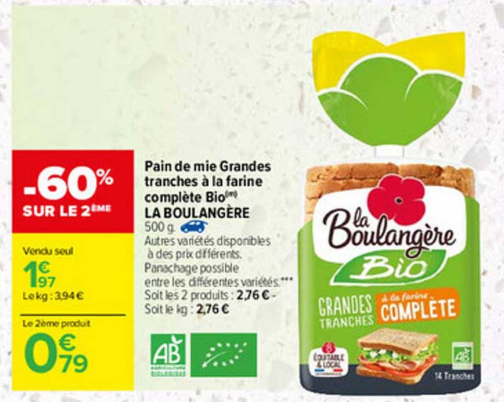 Pain De Mie Grandes Tranches à La Farine Complète Bio La Boulangère