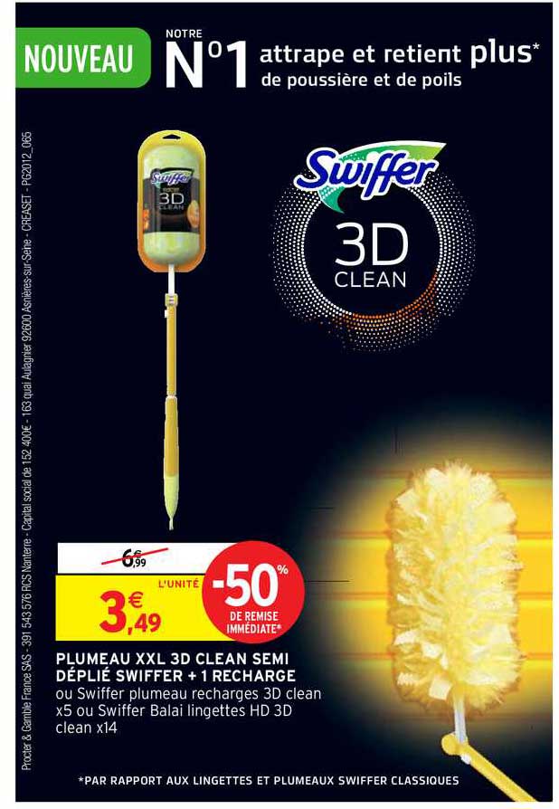 plumeau xxl 3d clean semi déplié swiffer + 1 recharge