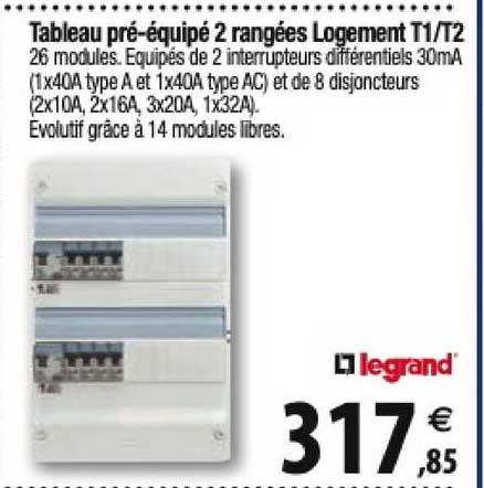 tableau pré-équipé 2 rangées logement t1-t2 legrand