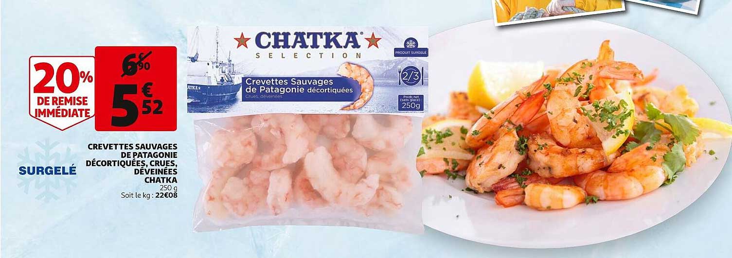 crevettes sauvages de patagonie décortiquées, crues, déveinées chatka