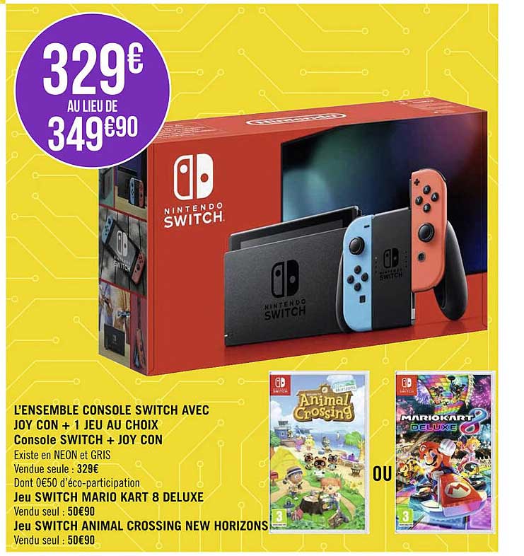l'ensemble console switch avec joy con + 1 jeu au choix console switch + joy con, jeu switch mario kart 8 deluxe, jeu switch animal crossing new horizons