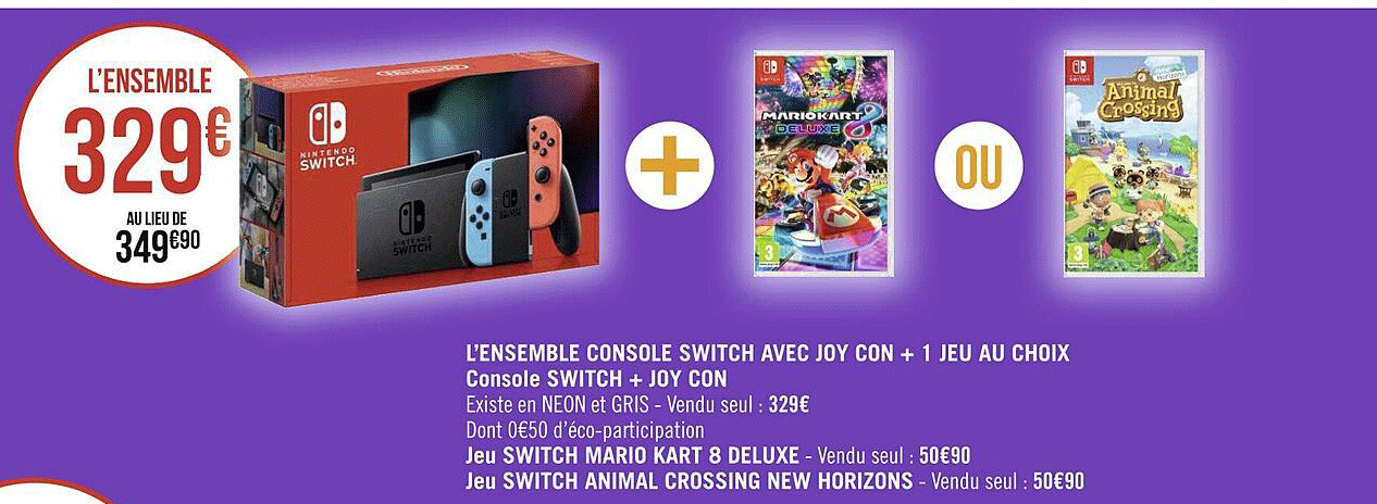 l'ensemble console switch avec joy con + 1 jeu au choix : console switch + joy con, jeu switch mario kart 8 deluxe, jeu switch animal crossing new horizons