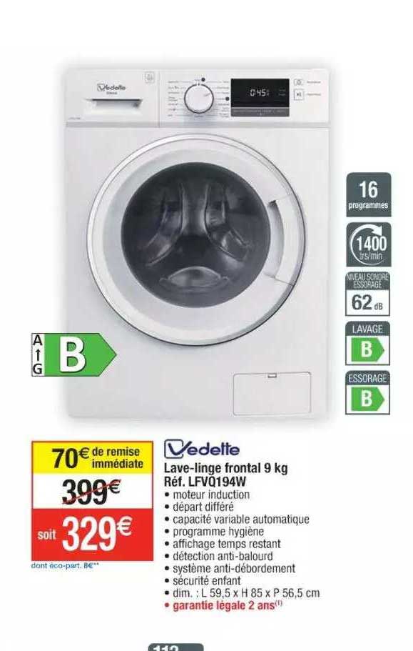 lave-linge frontal 9 kg vedette