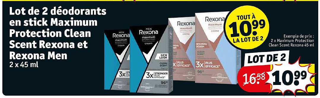 lot de 2 déodorants en stick maximum protection clean scent rexona et rexona men