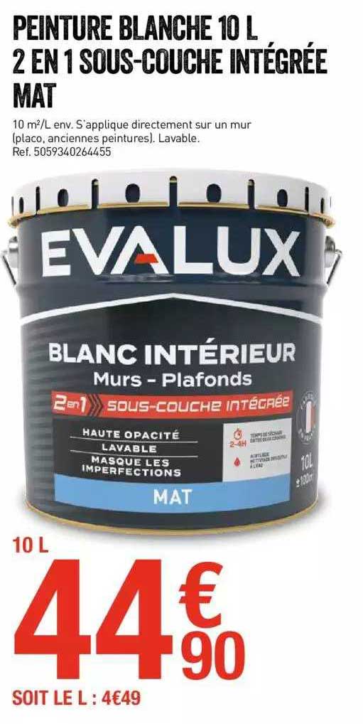 peinture blanche 10 l 2 en 1 sous-couche intégrée mat evalux