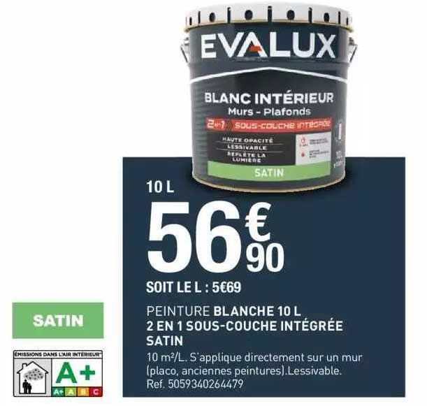 peinture blanche 10 l 2 en 1 sous-couche intégrée satin evalux
