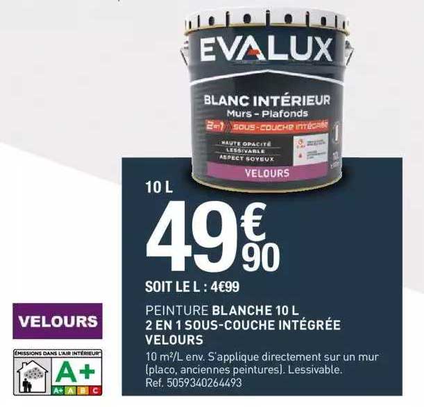 Peinture Blanche 10 L 2 En 1 Sous-couche Intégrée Velours Evalux